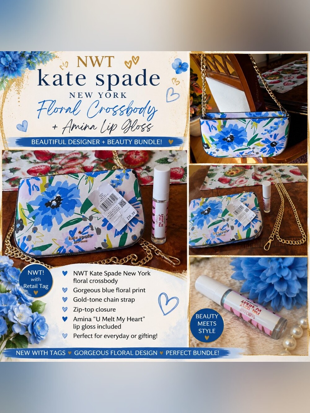 🌸 NWT Kate Spade Floral Crossbody + Amina Lip Gloss 💙✨